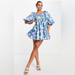 BRAND NEW  *ASOS EDITION puff sleeve empire mini dress abstract blue floral